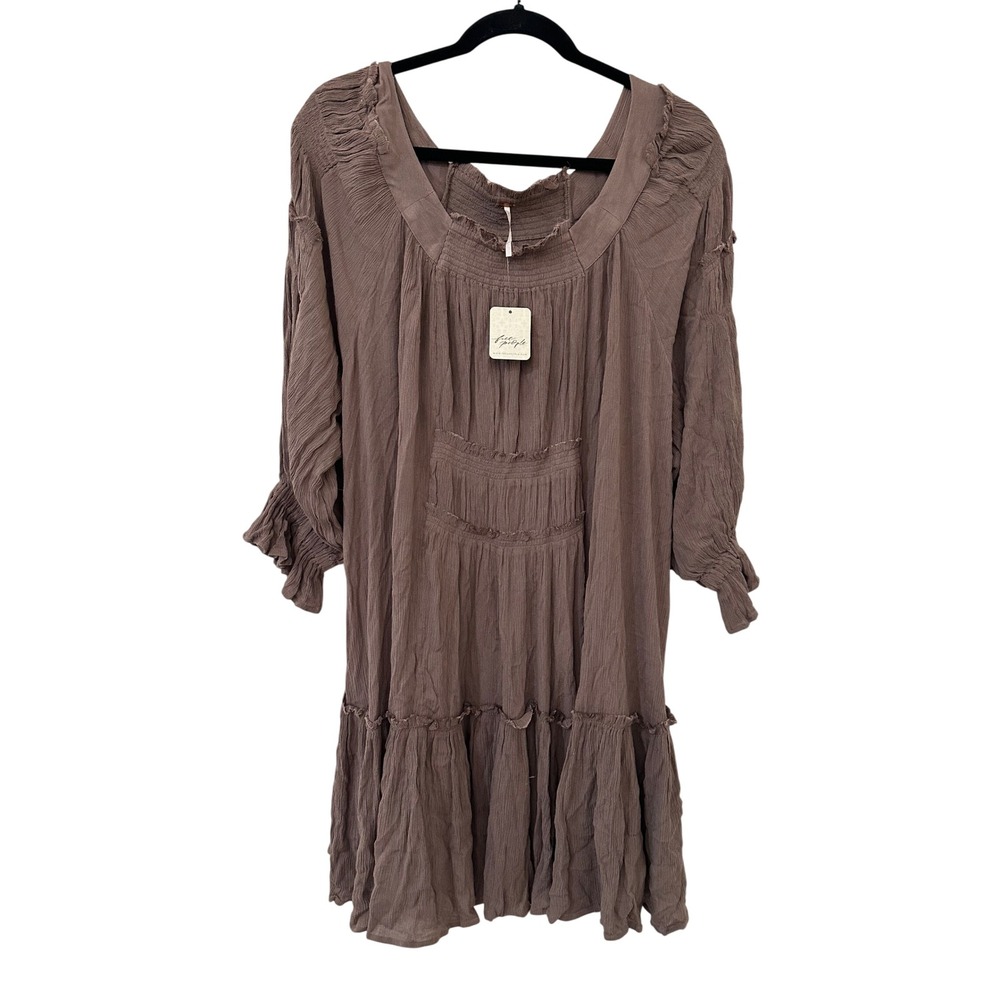 Free People Dahlia Mini Dress Brown Oak Smocked Tiered Boho Size M Oversized